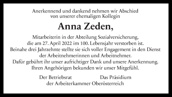 Traueranzeige von Anna Zeden von OÖNachrichten