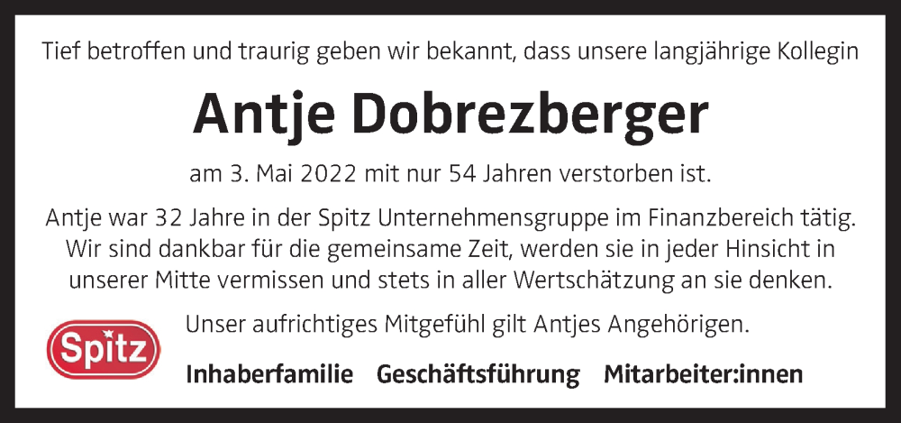  Traueranzeige für Antje Dobrezberger vom 11.05.2022 aus OÖNachrichten