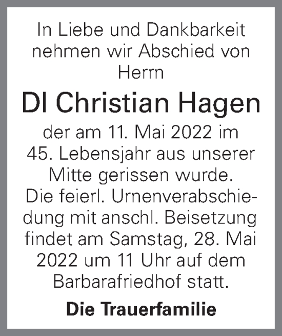 Traueranzeige von Christian Hagen von OÖNachrichten