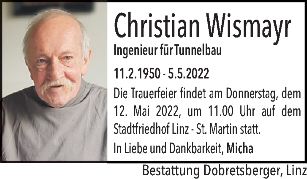  Traueranzeige für Christian Wismayr vom 10.05.2022 aus OÖNachrichten
