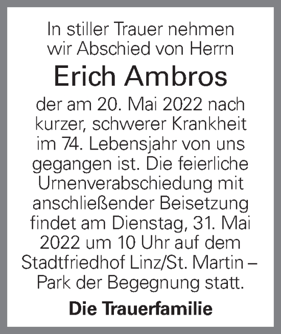 Traueranzeige von Erich Ambros von OÖNachrichten