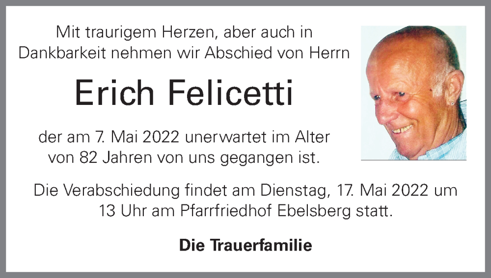  Traueranzeige für Erich Felicetti vom 14.05.2022 aus OÖNachrichten