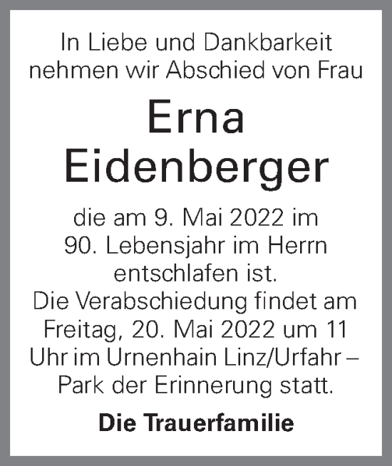 Traueranzeige von Erna Eidenberger von OÖNachrichten
