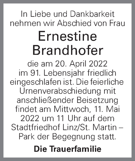 Traueranzeige von Ernestine Brandhofer von OÖNachrichten
