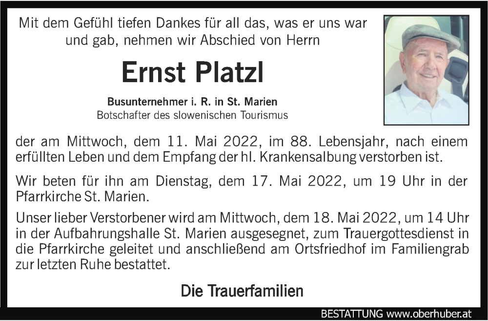  Traueranzeige für Ernst Platzl vom 14.05.2022 aus OÖNachrichten
