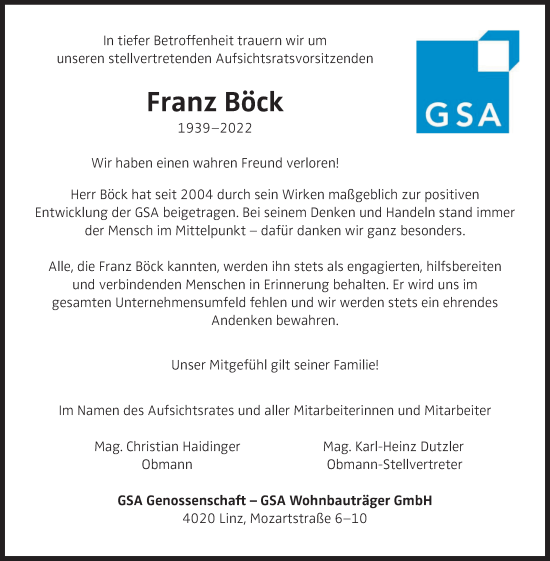 Traueranzeige von Franz Böck von OÖNachrichten