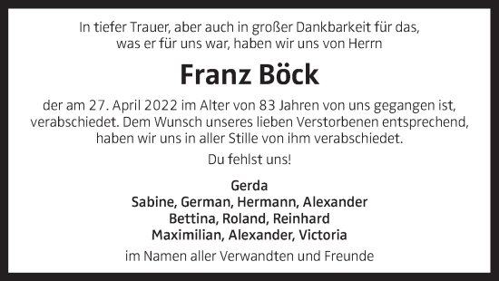 Traueranzeige von Franz Böck von OÖNachrichten