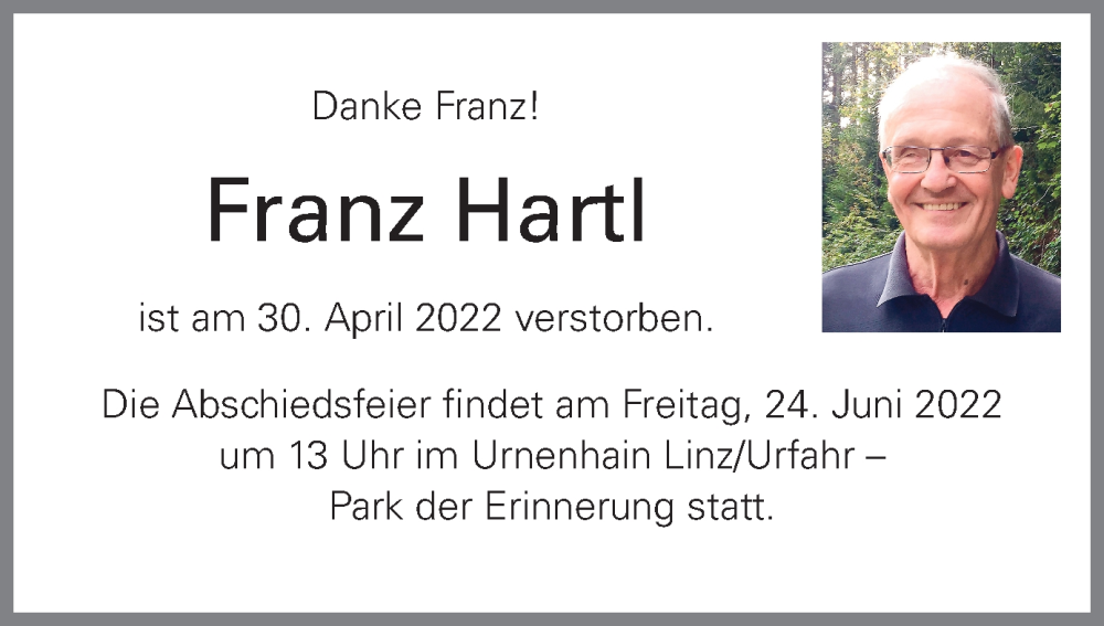  Traueranzeige für Franz Hartl vom 07.05.2022 aus OÖNachrichten