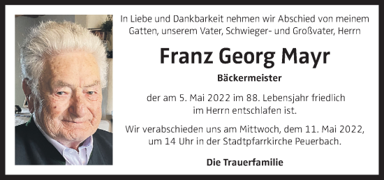 Traueranzeige von Franz Georg Mayr von OÖNachrichten