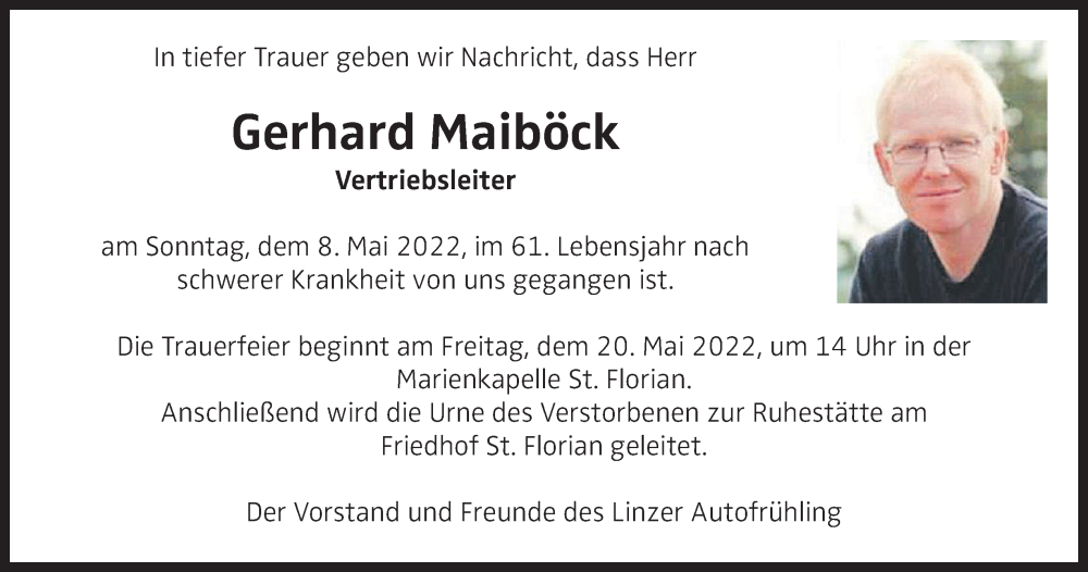  Traueranzeige für Gerhard Maiböck vom 20.05.2022 aus OÖNachrichten