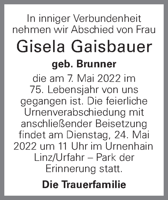 Traueranzeige von Gisela Gaisbauer von OÖNachrichten