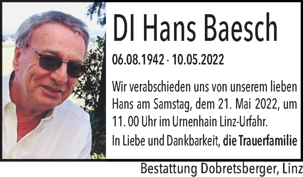  Traueranzeige für Hans Baesch vom 14.05.2022 aus OÖNachrichten