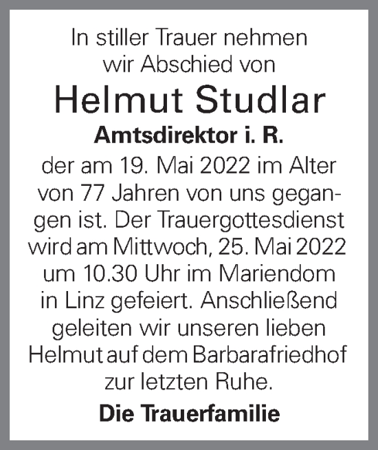 Traueranzeige von Helmut Studlar von OÖNachrichten