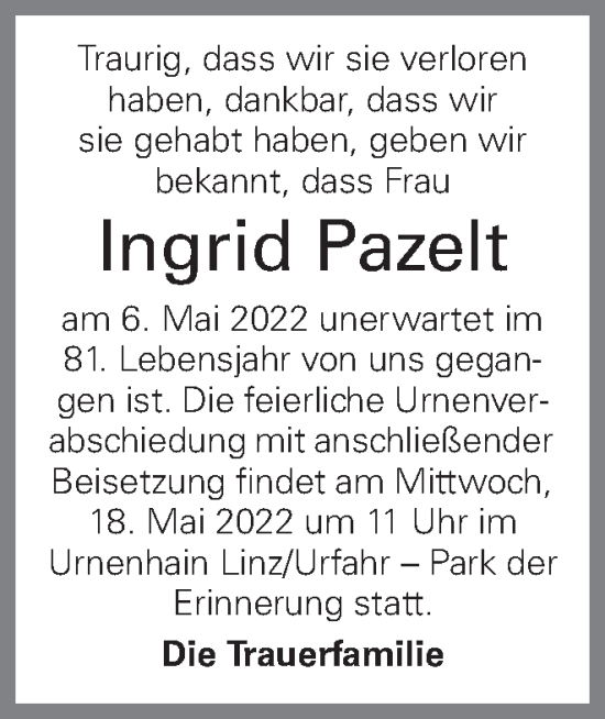 Traueranzeige von Ingrid Pazelt von OÖNachrichten