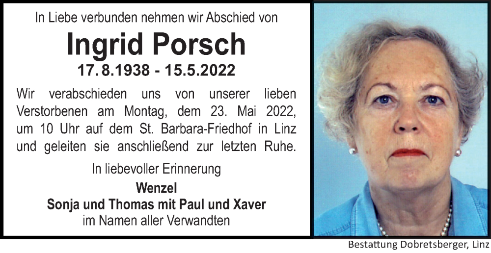  Traueranzeige für Ingrid Porsch vom 21.05.2022 aus OÖNachrichten