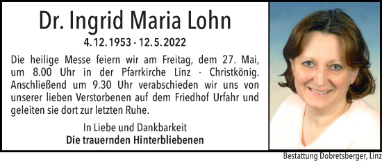 Traueranzeige von Ingrid Maria Lohn von OÖNachrichten