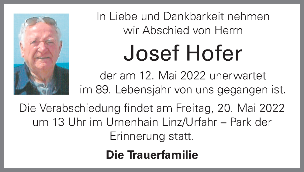  Traueranzeige für Josef Hofer vom 17.05.2022 aus OÖNachrichten