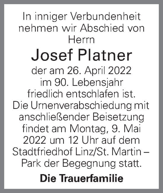 Traueranzeige von Josef Platner von OÖNachrichten