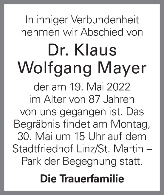 Traueranzeige von Klaus Wolfgang Mayer von OÖNachrichten