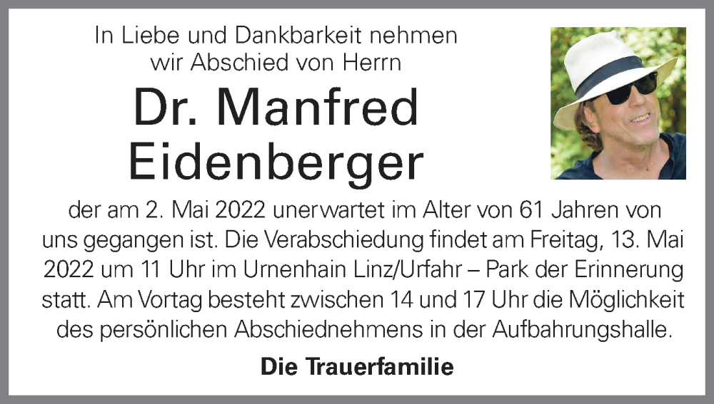  Traueranzeige für Manfred Eidenberger vom 10.05.2022 aus OÖNachrichten