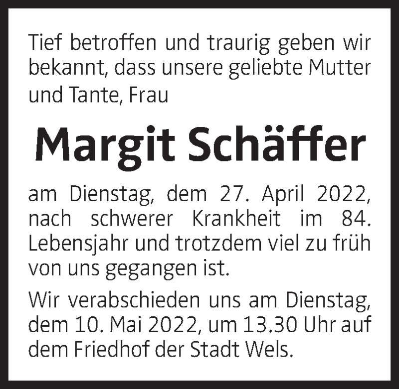  Traueranzeige für Margit Schäffer vom 07.05.2022 aus OÖNachrichten