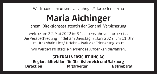 Traueranzeige von Maria Aichinger von OÖNachrichten
