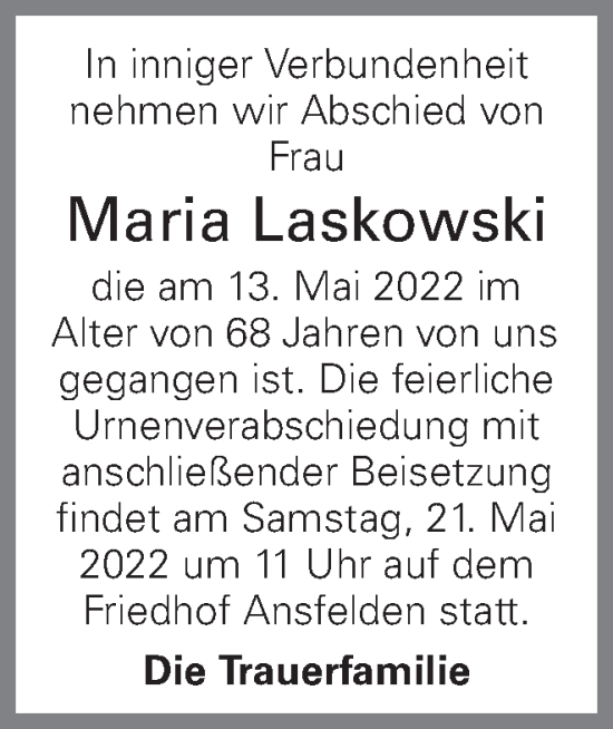 Traueranzeige von Maria Laskowski von OÖNachrichten