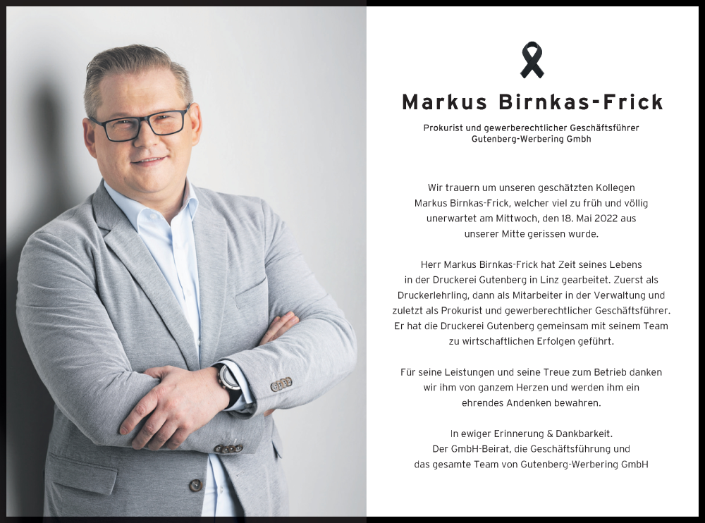  Traueranzeige für Markus Birnkas-Frick vom 28.05.2022 aus OÖNachrichten