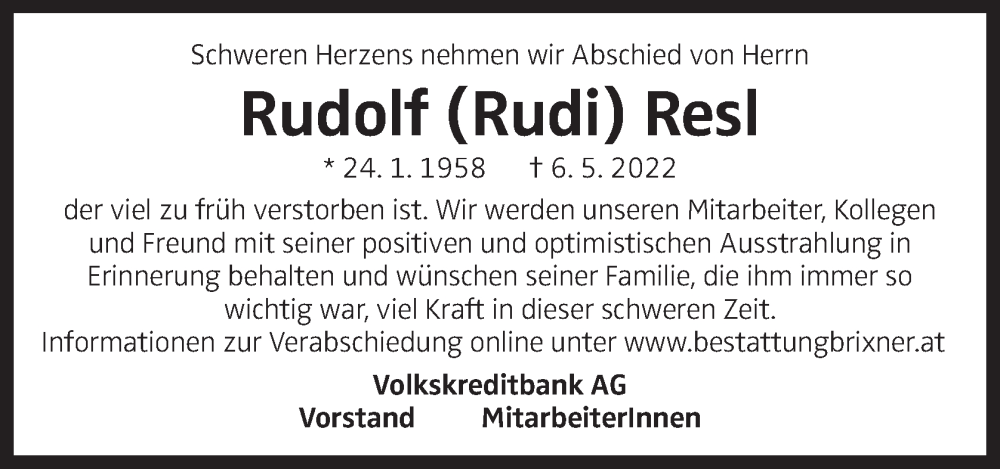 Traueranzeige für Rudolf Resl vom 11.05.2022 aus OÖNachrichten