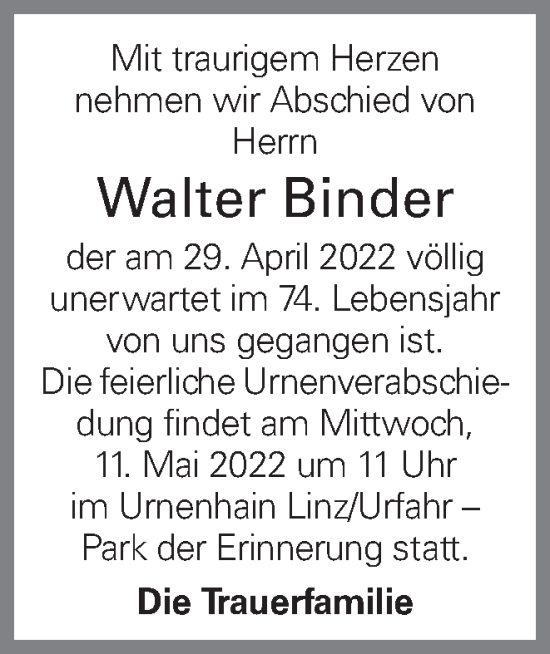 Traueranzeige von Walter Binder von OÖNachrichten