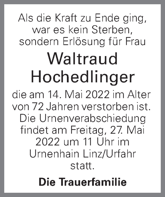 Traueranzeige von Waltraud Hochedlinger von OÖNachrichten