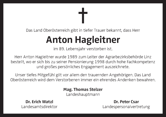 Traueranzeige von Anton Hagleitner von OÖNachrichten