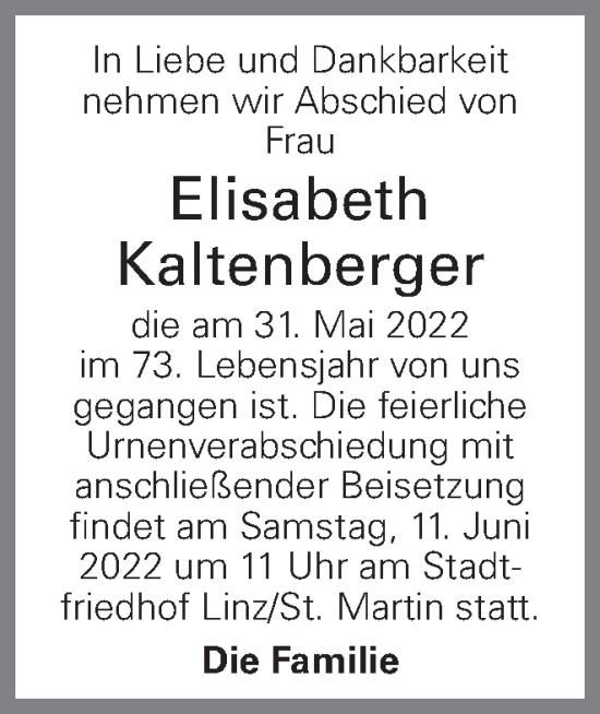 Traueranzeige von Elisabeth Kaltenberger von OÖNachrichten