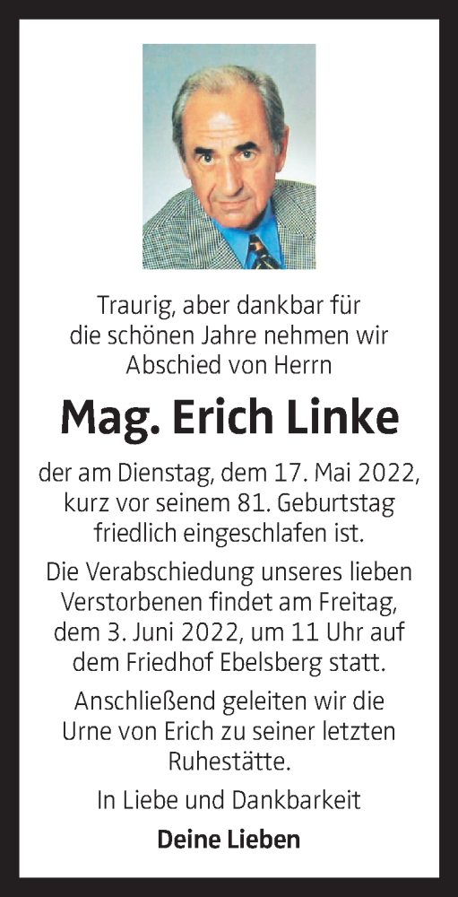 Traueranzeige von Erich Linke von OÖNachrichten