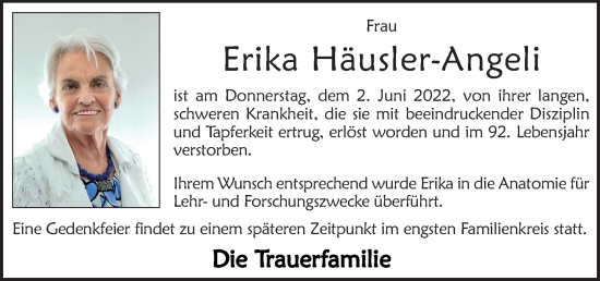 Traueranzeige von Erika Häusler-Angeli von OÖNachrichten