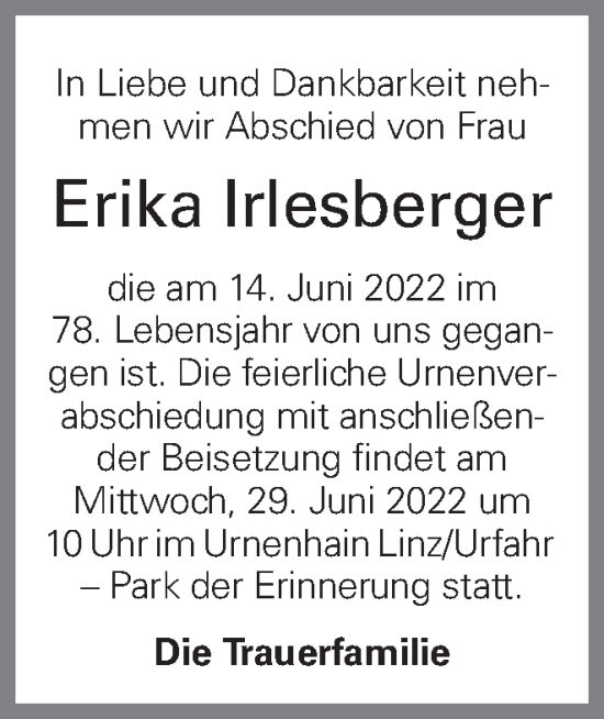 Traueranzeige von Erika Irlesberger von OÖNachrichten