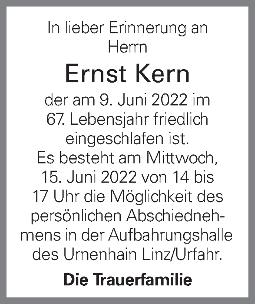  Traueranzeige für Ernst Kern vom 14.06.2022 aus OÖNachrichten