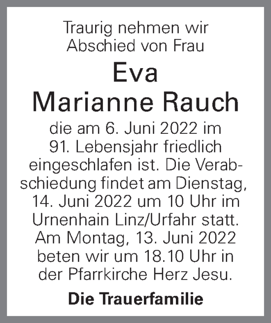 Traueranzeige von Eva Marianne Rauch von OÖNachrichten