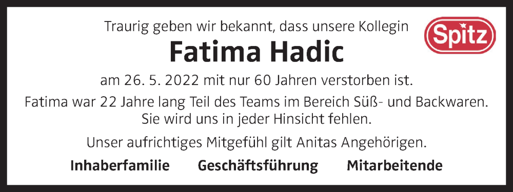  Traueranzeige für Fatima Hadic vom 04.06.2022 aus OÖNachrichten