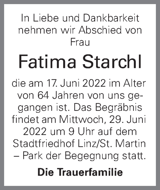 Traueranzeige von Fatima Starchl von OÖNachrichten