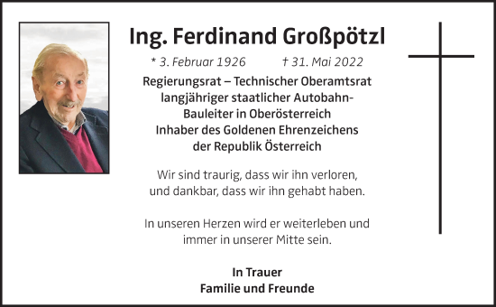 Traueranzeige von Ferdinand Großpötzl von OÖNachrichten