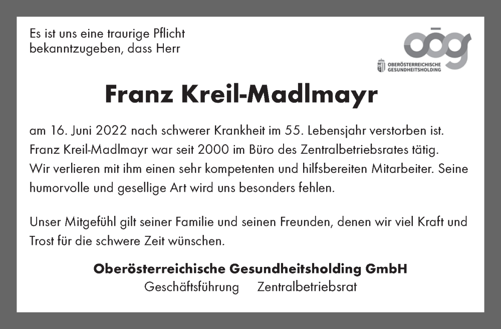  Traueranzeige für Franz Kreil-Madlmayr vom 23.06.2022 aus OÖNachrichten