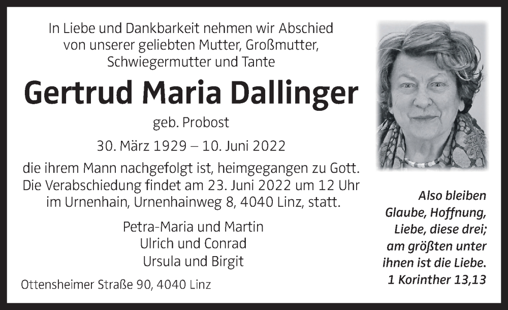 Traueranzeige für Gertrud Maria Dallinger vom 18.06.2022 aus OÖNachrichten