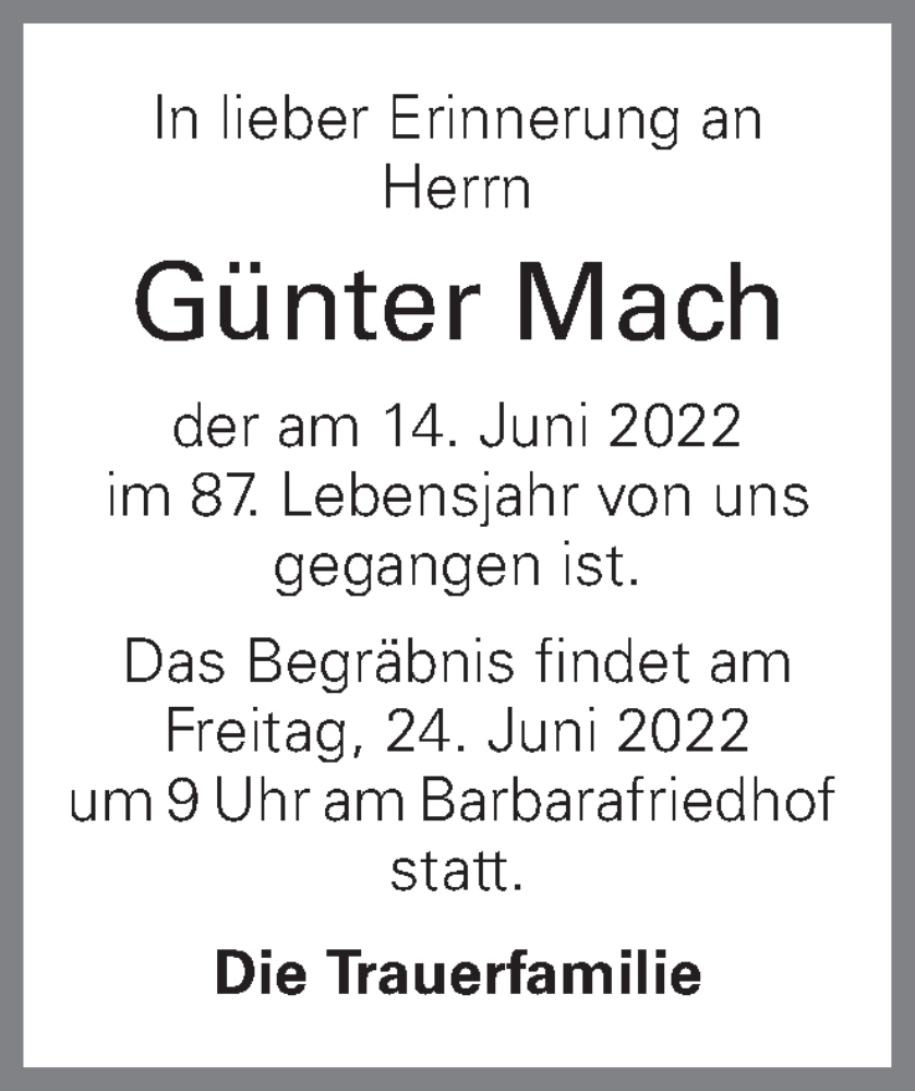  Traueranzeige für Günter Mach vom 22.06.2022 aus OÖNachrichten