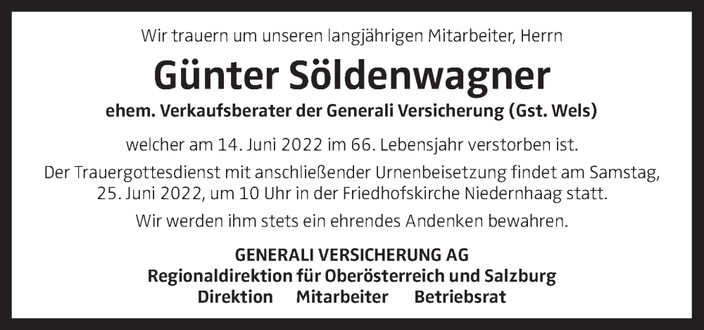  Traueranzeige für Günter Söldenwagner vom 23.06.2022 aus OÖNachrichten