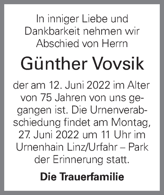 Traueranzeige von Günther Vovsik von OÖNachrichten