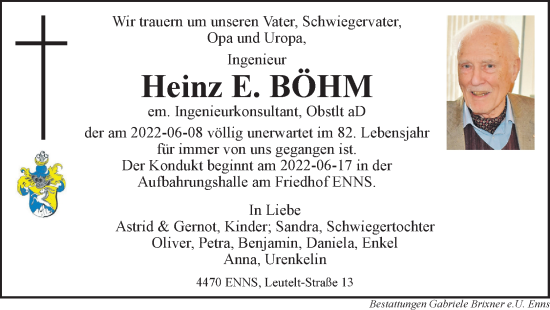 Traueranzeige von Heinz E. Böhm von OÖNachrichten