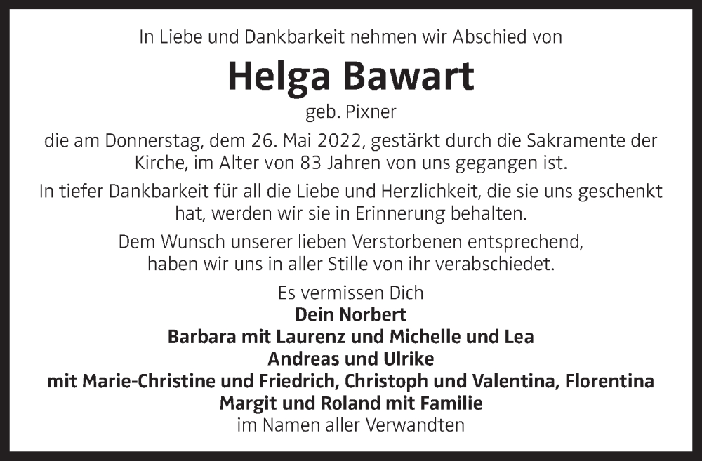  Traueranzeige für Helga Bawart vom 04.06.2022 aus OÖNachrichten