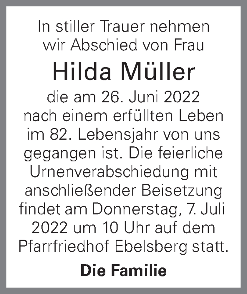  Traueranzeige für Hilda Müller vom 01.07.2022 aus OÖNachrichten