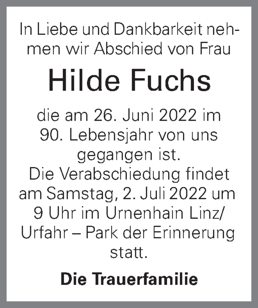  Traueranzeige für Hilde Fuchs vom 29.06.2022 aus OÖNachrichten